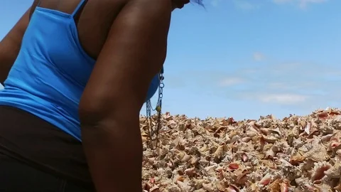 Original Bahama Mama Holding Conch Shell at Conch Shell Palace, Grand Bahama Stock Footage 108506963