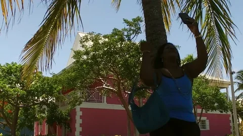 Original Bahama Mama Taking Selfie Under Coconut Tree at Old Bahama Bay Stock Footage 108605002
