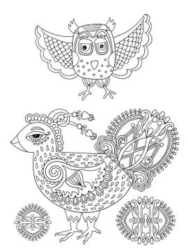 Original black and white line drawing page of coloring book bird Stock Illustration