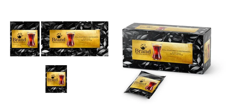 Original Black Tea Packaging Design - Black and Gold Stock Illustration
