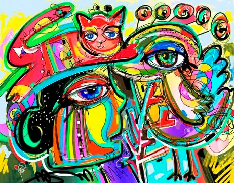 Original digital art composition of human face, bird and red cat Stock Illustration