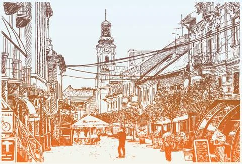 Original digital sketch vector illustration of Uzhgorod cityscap Illustrazione stock