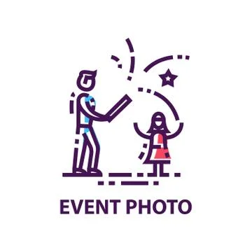 Original flat vector logo with man and girl launching fireworks. Event photo Stock Illustration