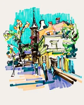 Original hand draw marker sketch of Kyiv building landscape Ilustración de archivo