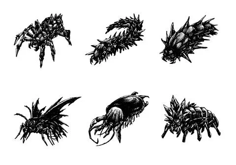 Original hand drawn spiked dark fantasy insects Stock-Illustration