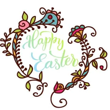 Original hand lettering  Happy Easter  with flowers Stock Illustration