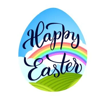Original hand lettering  Happy Easter  with Easter symbols. Stock Illustration