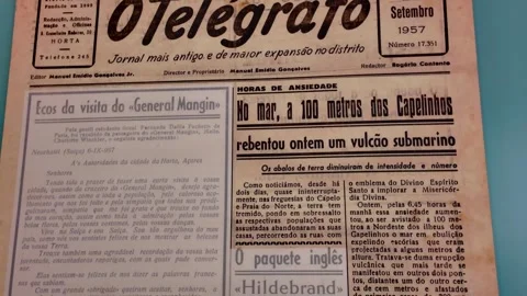 Original newspaper on display showing reports from the 1957 Capelinhos volcanic Stock Footage 320509636
