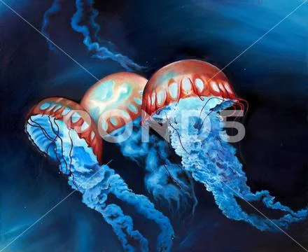 Original oil painting on canvas of three jellyfish under water Stock Illustration