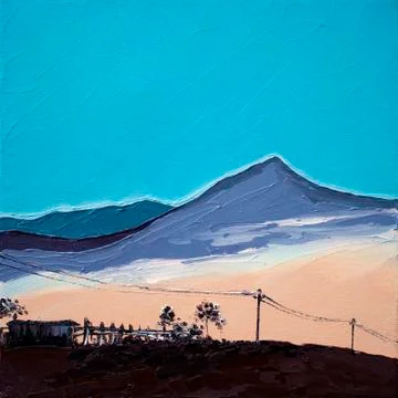 Original oil painting Mountain Mist sky Illustrazione stock