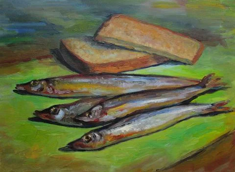 Original oil painting still life painting, bread, fish Stock Illustration