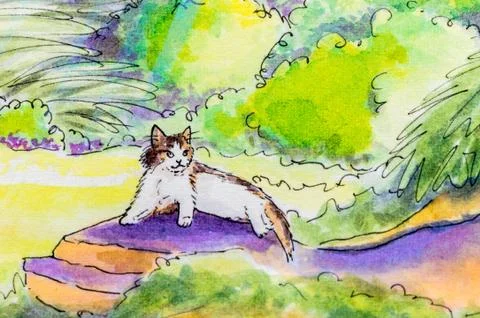 Original painting of a cat lying down outside. Stock Illustration