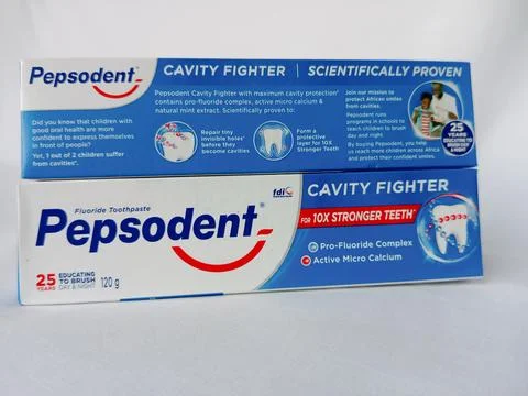 Original Pepsodent toothpaste on white background Stock Photos