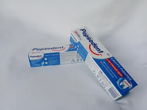 Original Pepsodent toothpaste on white background Stockfoto's