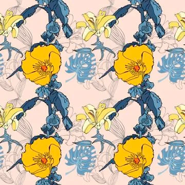 Original seamless artistic flower pattern, beautiful tropical fl Illustration