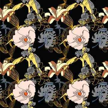 Original seamless artistic flower pattern, beautiful tropical fl Illustration