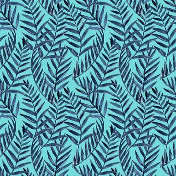 Original seamless pattern with blue tropical palm leaves. Watercolor painting . Stock Illustration