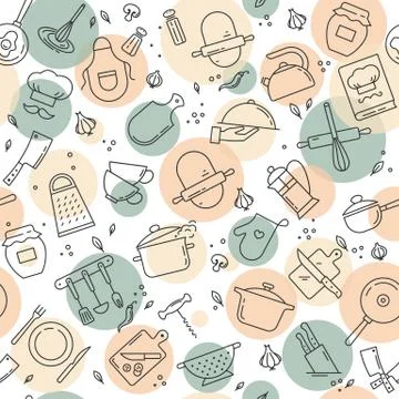An original seamless pattern on the kitchen theme with a variety of kitchen Stock Illustration