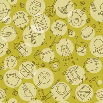An original seamless pattern on the kitchen theme with a variety of kitchen Stock Illustration
