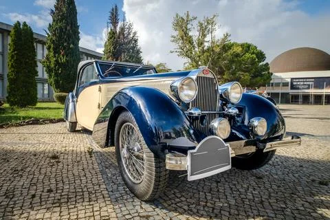 Original two-tone Bugatti Type 57 in close view on cobblestone drive Stock Photos
