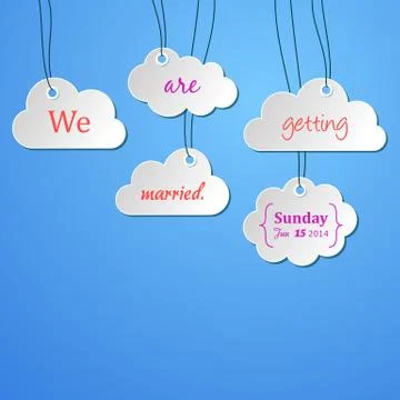 Original wedding invitation with hanging clouds on blue イラスト素材