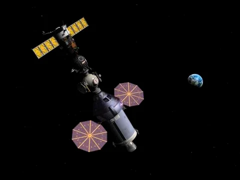 An Orion class Crew Exploration Vehicle paired with a Soyuz TMA spacecraft. Stock Illustration