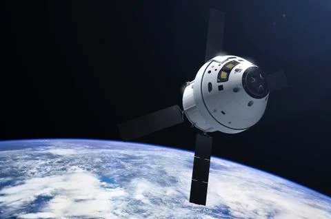 Orion module in orbit above Earth. Illustrazione stock