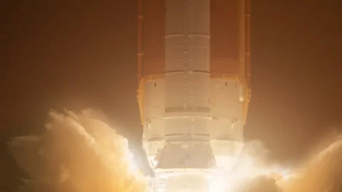 Orion Spacecraft Launches Into Deep Space Aboard Powerful Sls Rocket close up Stock Footage 243790365