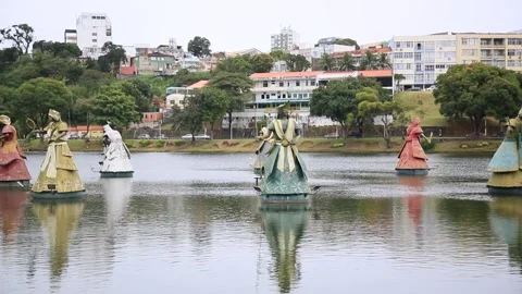 Orixa sculpture, Candomble entity, are seen in the lake of the Dique de Itororo Stock Footage 159078185
