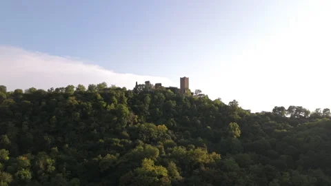 Orizonttal aerial view of medieval castle ruins on a green hill, drone shot Stock Footage 341351454