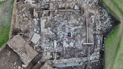 Orkney, Ness of Brodgar Structure 27 Drone View, Neolithic Archaeological Dig 4K Stock Footage 259910580