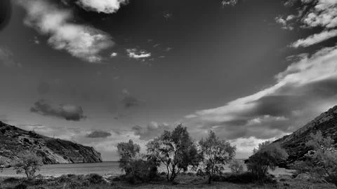Orkos Beach Under Dramatic Sky - Kea Island Greece Stock-Fotos