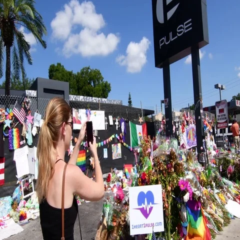 Orlando Florida Pulse night club tragedy shooting memorial at gay bar by Stock Footage