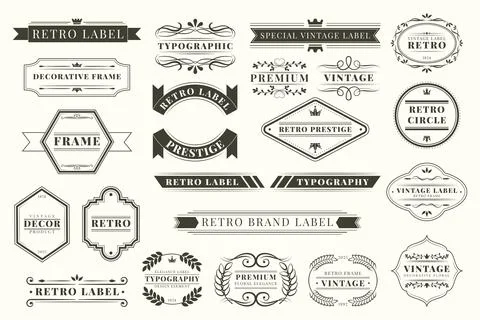 Ornament frame, logo set. Label element, flourish design. Ribbon elegant shape Illustrazione stock