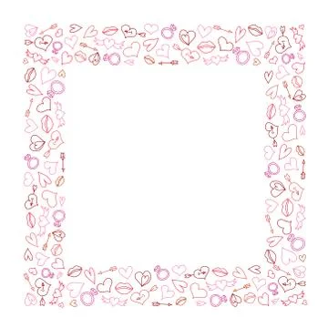 Ornament frame or border with red and pink hearts, arrows, wings and rings fo Stock Illustration