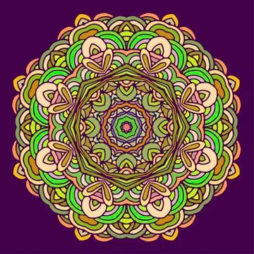 Ornament hand drawn mandala colorful design on lilac background Stock Illustration