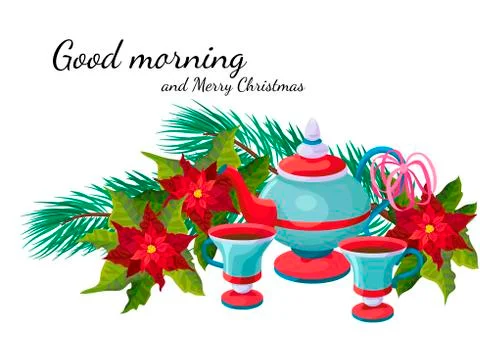 Ornament table layout from ware a teapot with two mugs with drinks, Christmas Stock Illustration