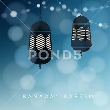 Ornamental Arabic lanterns with string of lights. Greeting card, invitation for Stock Illustration