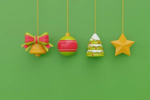 Ornamental Balls, bell, pine tree and star hanging on ribbon ornaments for Ch Stock Illustration