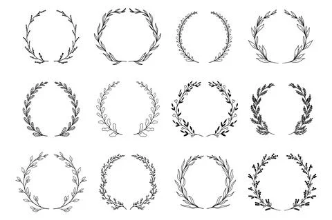 Ornamental branch wreathes set in hand drawn design. Laurel leaves wreath and Stock Illustration