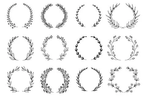 Ornamental branch wreathes set in hand drawn design. Laurel leaves wreath and Stock Illustration