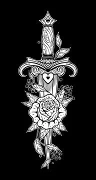 Ornamental Dagger with Rose Flower Vector Line Art Stock Illustration