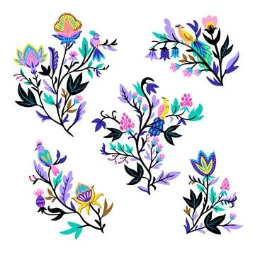 Ornamental design elements with stylized ornate floral branches and fantasy Stock Illustration