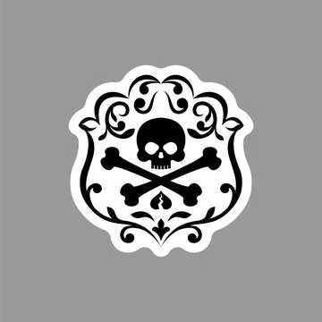 Ornamental emblem with skull, bones, and flourishes, resembling a pirate bl.. Stock Illustration