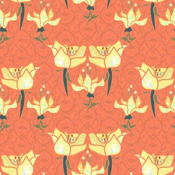 Ornamental Floral Repeat Pattern In Peach And Lemon Stock Illustration