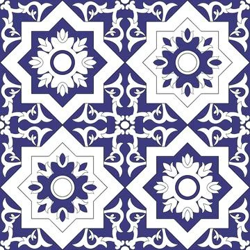 Ornamental pattern seamless vector blue and white color. Azulejo, portuguese  Stock Illustration