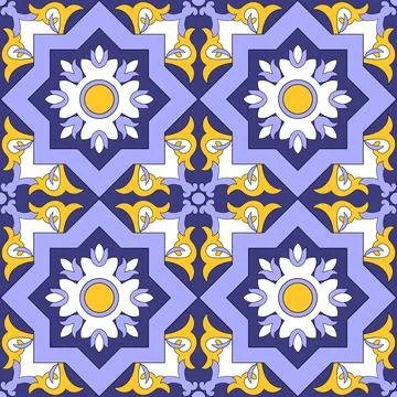 Ornamental pattern seamless vector blue, yellow and white color Stock Illustration