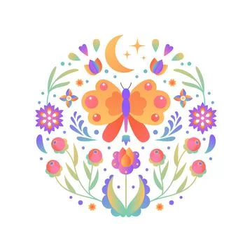 Ornamental round gradient floral pattern. Natural garden elements arrangement Stock Illustration