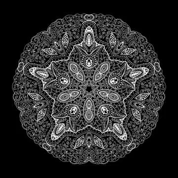 Ornamental round lace pattern, circle background with many details, looks lik 스톡 일러스트