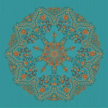 Ornamental round lace pattern, circle background with many details, looks lik Illustrazione stock